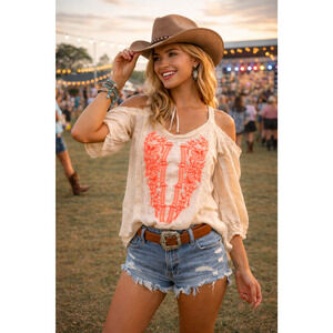 NWT Sugarlips Top XS Boho Western Cowgirl Festival Cream Coral Embroidered